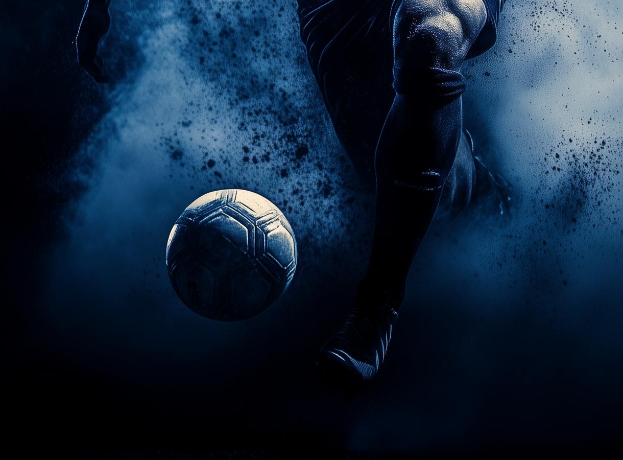 Soccer player striking the ball at goal